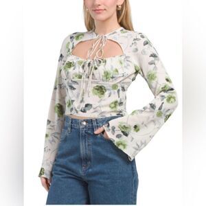 Emory Park Floral Print Long Sleeve Top with Peek A Boo neck tie Color: Sage